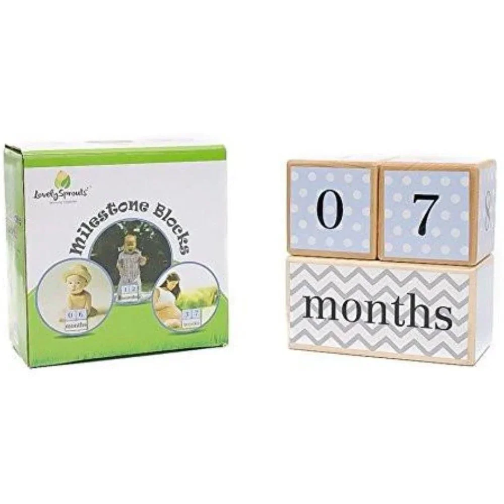 Blue Wooden Milestone Age Blocks - Baby, Pregnancy, Birthday Photos